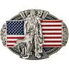 Belt buckle with Cowboy holding a saddle and a flag behind him