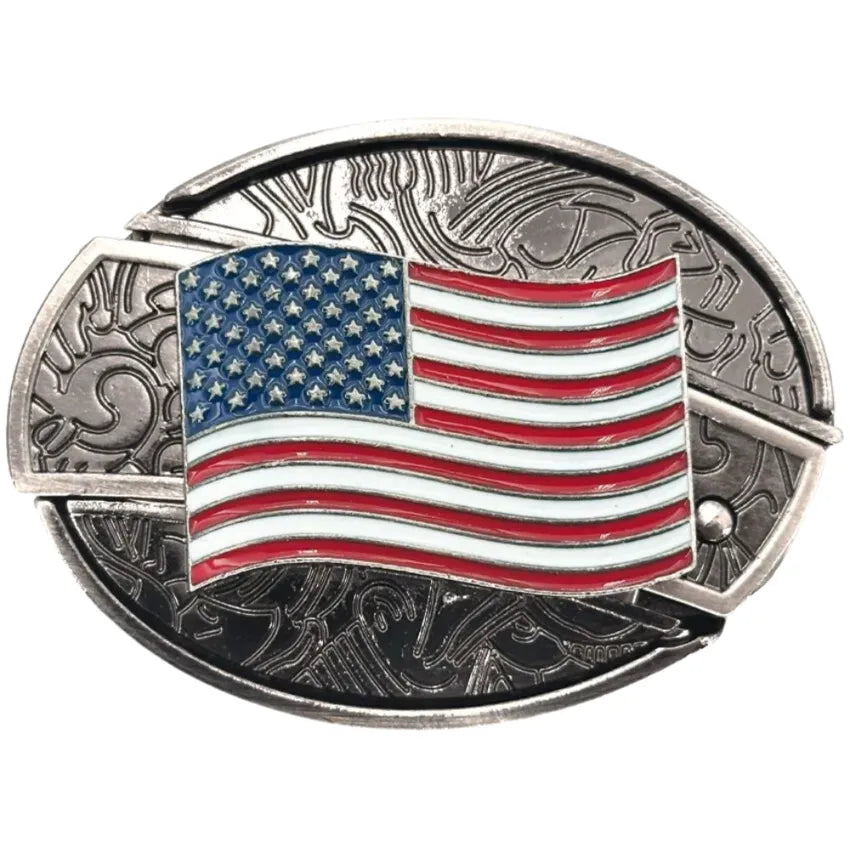 Belt buckle with American flag design on a white background
