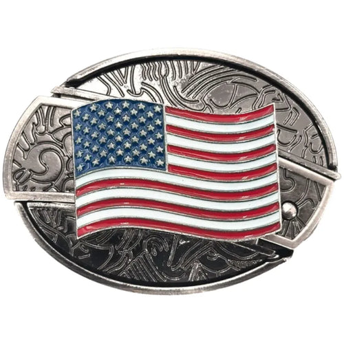 Belt buckle with American flag design.