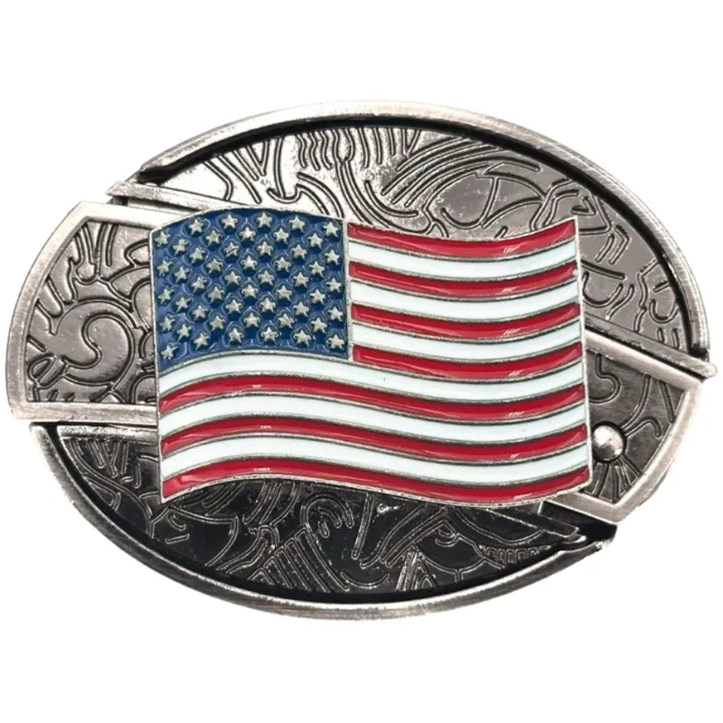 Belt buckle with American flag design.
