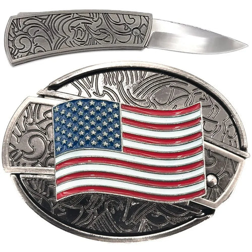 Belt buckle with American flag design and knife