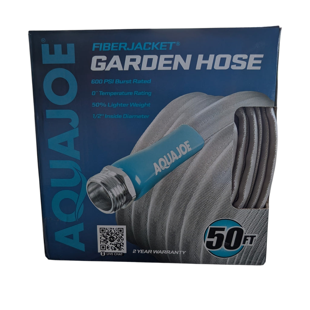 Aqua Joe 50ft Fiberjacket Garden Hose retail packaging, highlighting the 600 PSI burst rating, 0-degree temperature rating, and 50% lighter weight features.