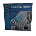 Aqua Joe 50ft Fiberjacket Garden Hose retail packaging, highlighting the 600 PSI burst rating, 0-degree temperature rating, and 50% lighter weight features.
