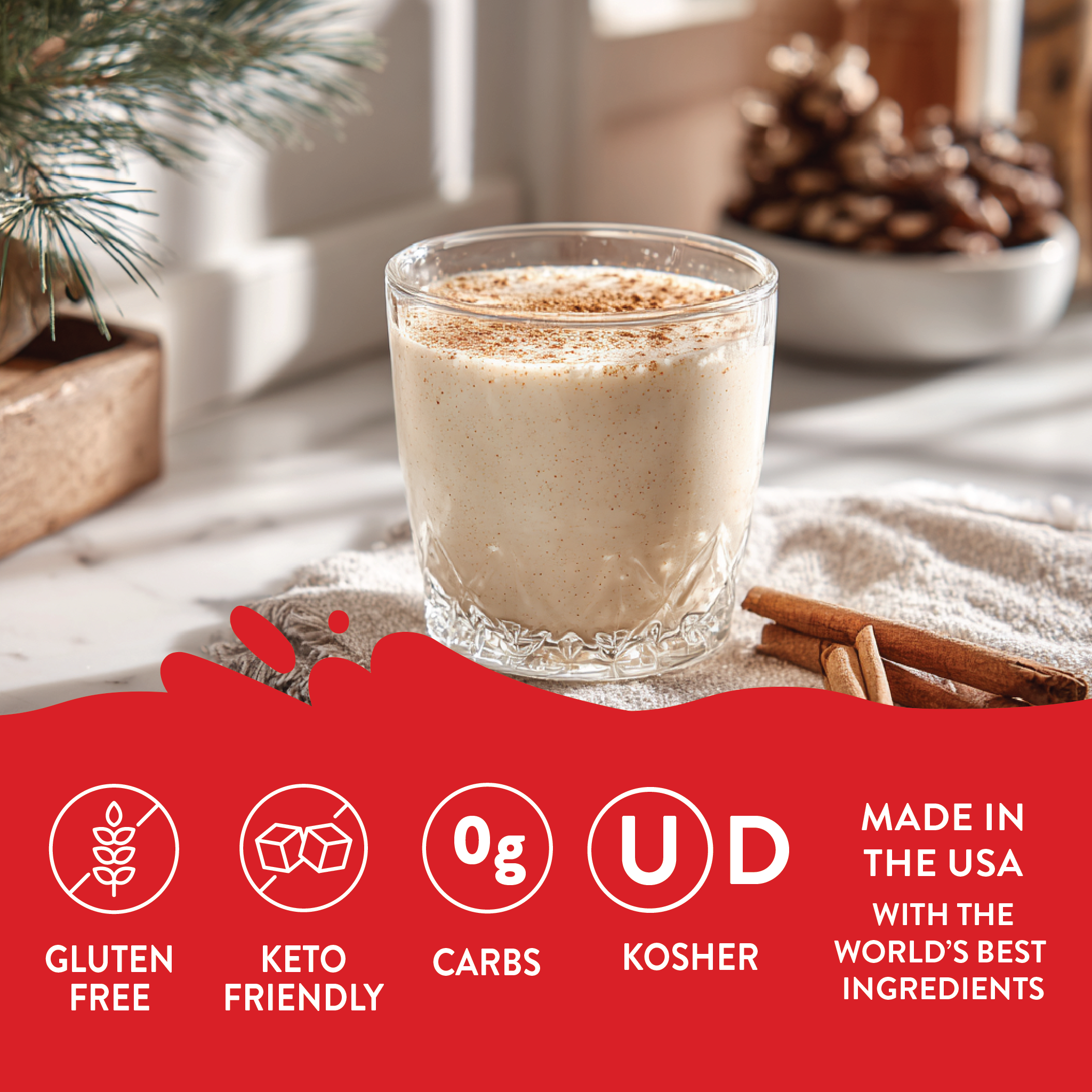 Glass of eggnog with festive background and product features on a red banner.