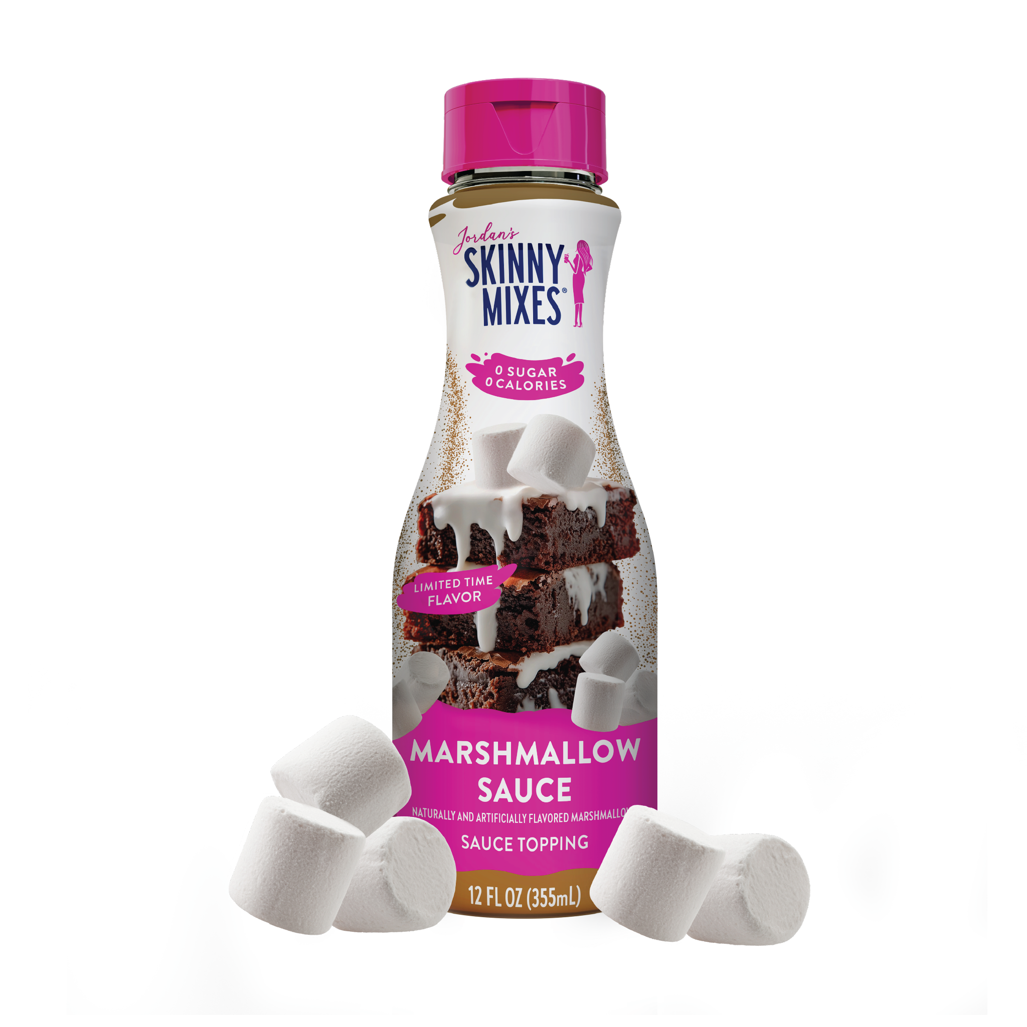 Bottle of Skinny Mixes Marshmallow Sauce with marshmallows on a white background