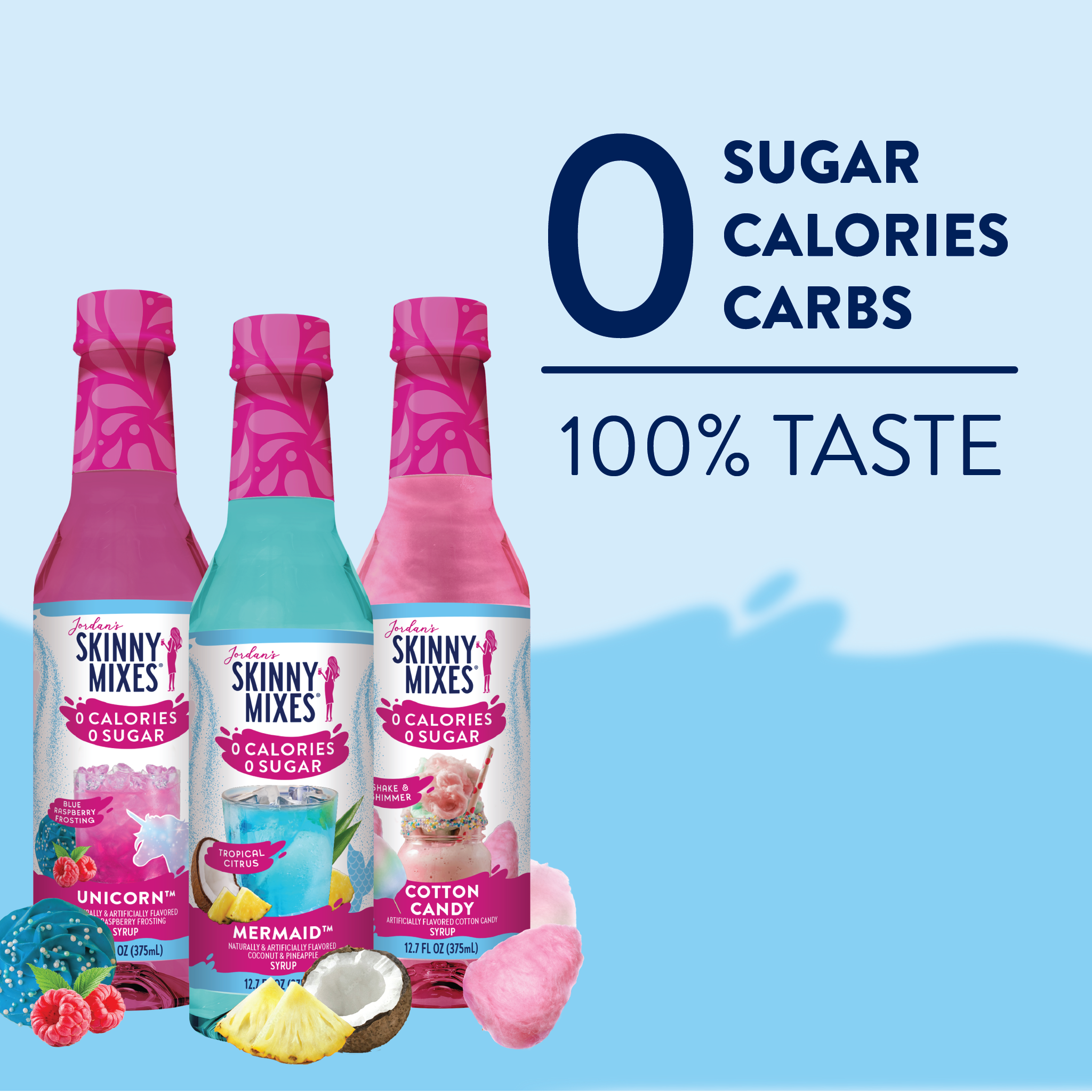 Three bottles of Skinny Mixes with colorful labels on a blue background.