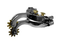 These spurs feature classic stainless steel with a 10-point brass rowel and buttons. 