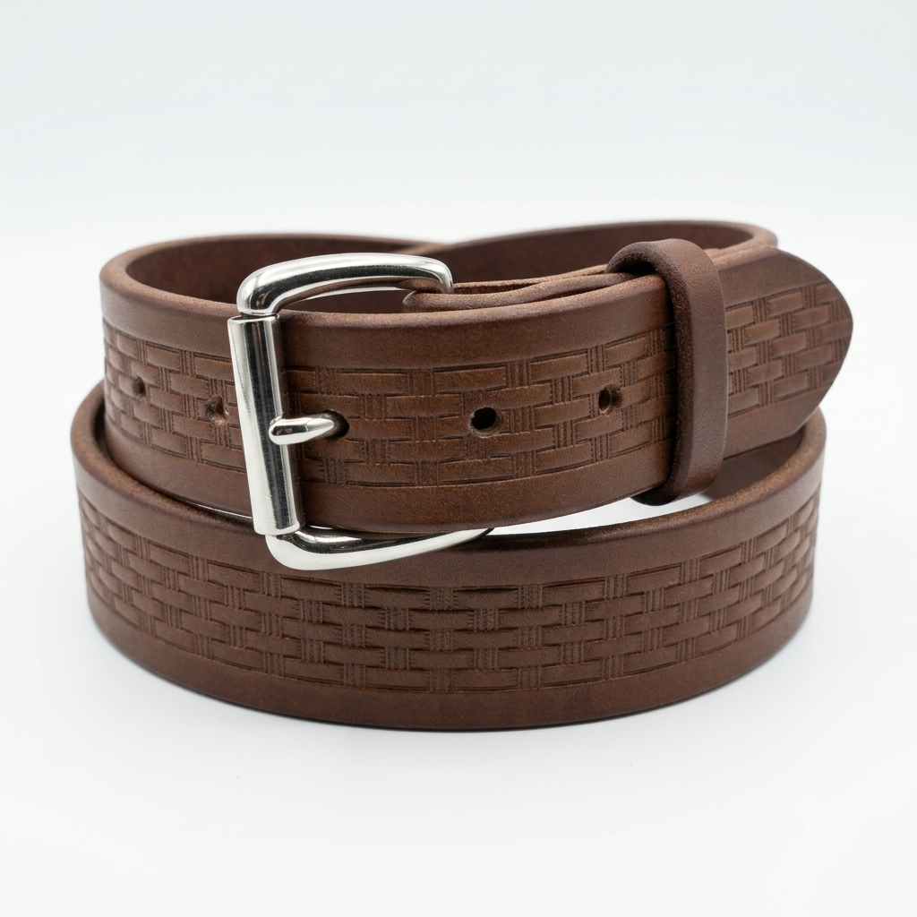 A brown leather basket stamped leather belt with a buckle.
