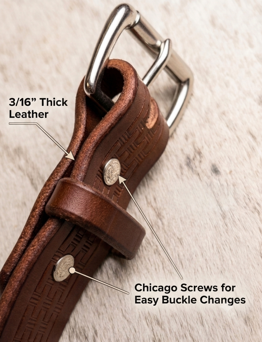 Close-up diagram of a brown basket-stamped leather belt with a silver buckle, featuring text callouts pointing to "3/16 inch Thick Leather" and "Chicago Screws for Easy Buckle Changes"