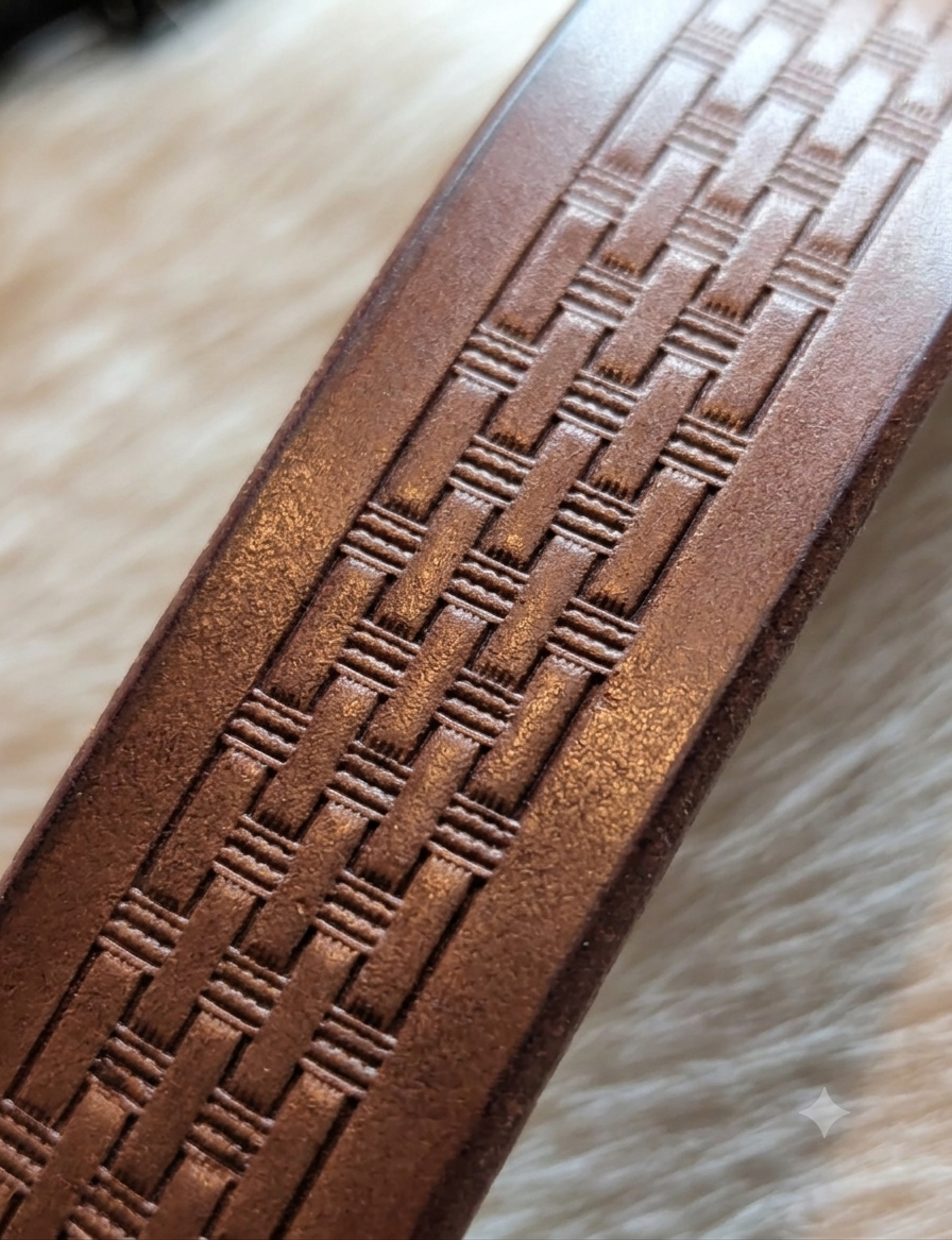 Close-up of a brown leather belt  with an embossed basketweave pattern