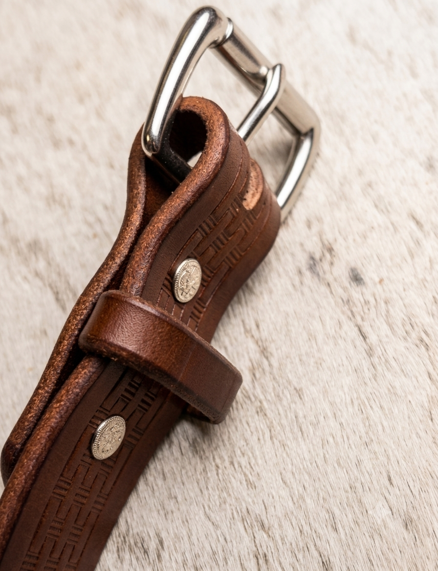 Close-up shot of a brown basket-stamped leather belt featuring a removable buckle design with dual silver snaps and a classic silver Chicago screw assembly against a cowhide