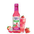 Skinny Mixes Strawberry Dragon Fruit energy drink bottle with a glass of the drink and strawberries on a white background