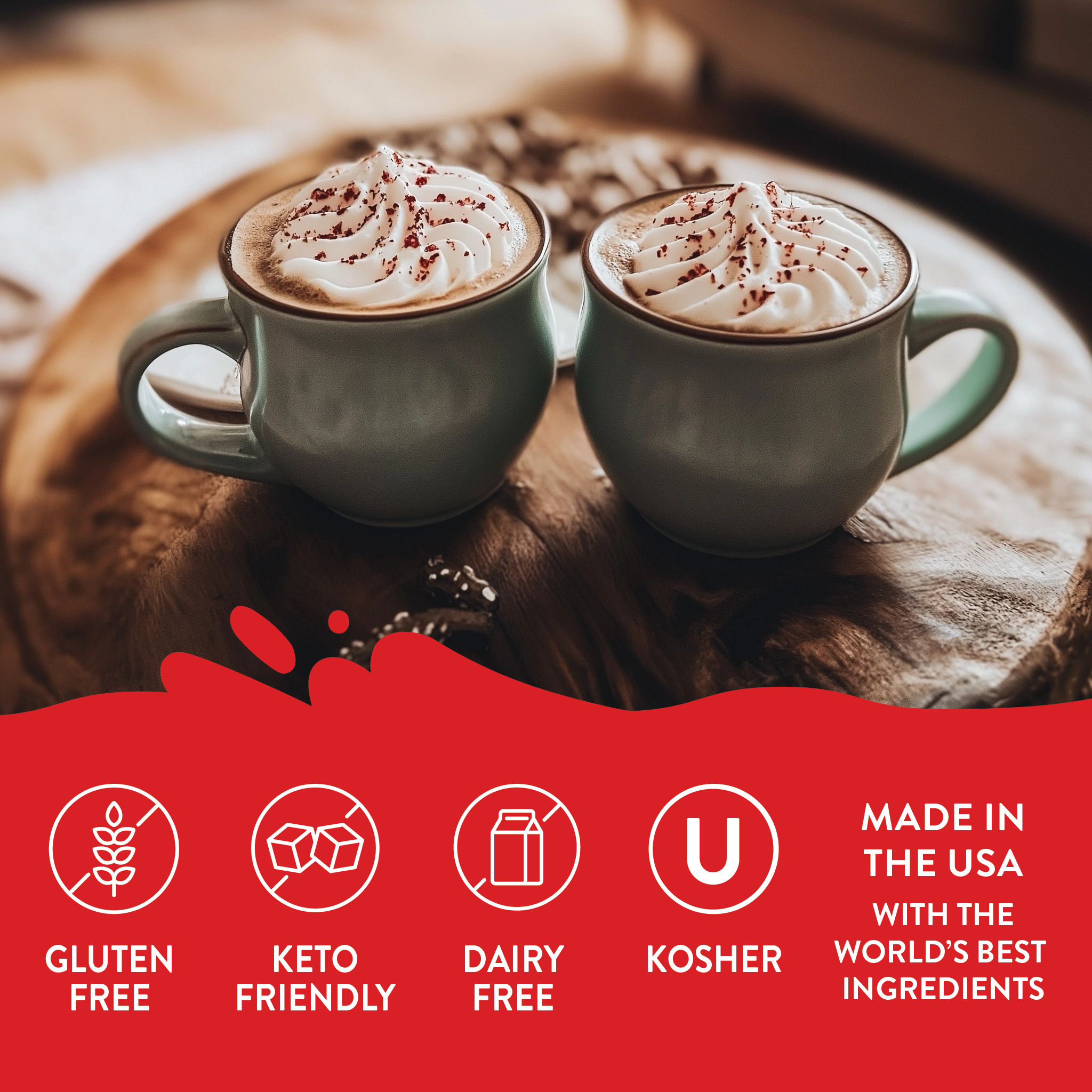 Two mugs of hot chocolate with whipped cream on a wooden surface, featuring dietary label icons and text about product attributes.