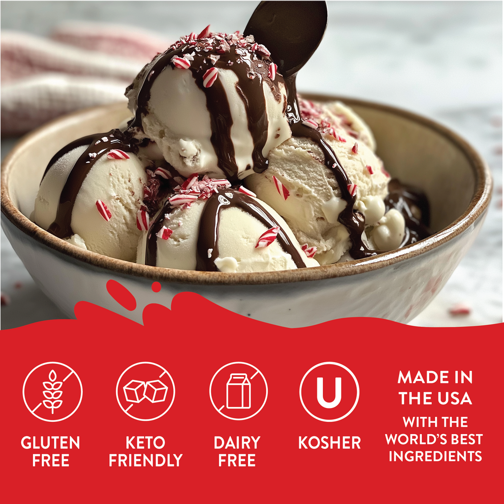 Bowl of ice cream with toppings and a red banner with dietary labels