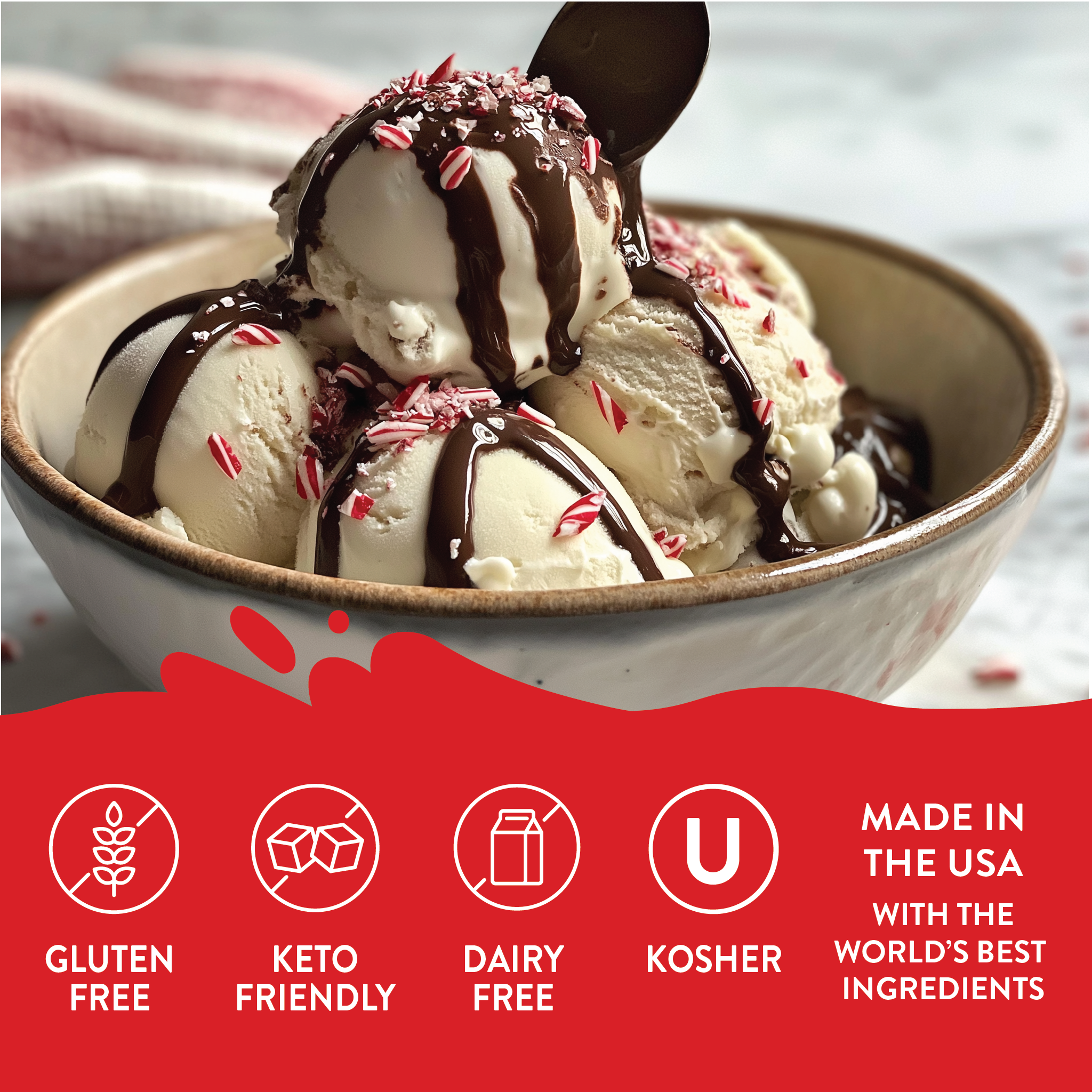 Bowl of ice cream with toppings and a red banner with dietary labels