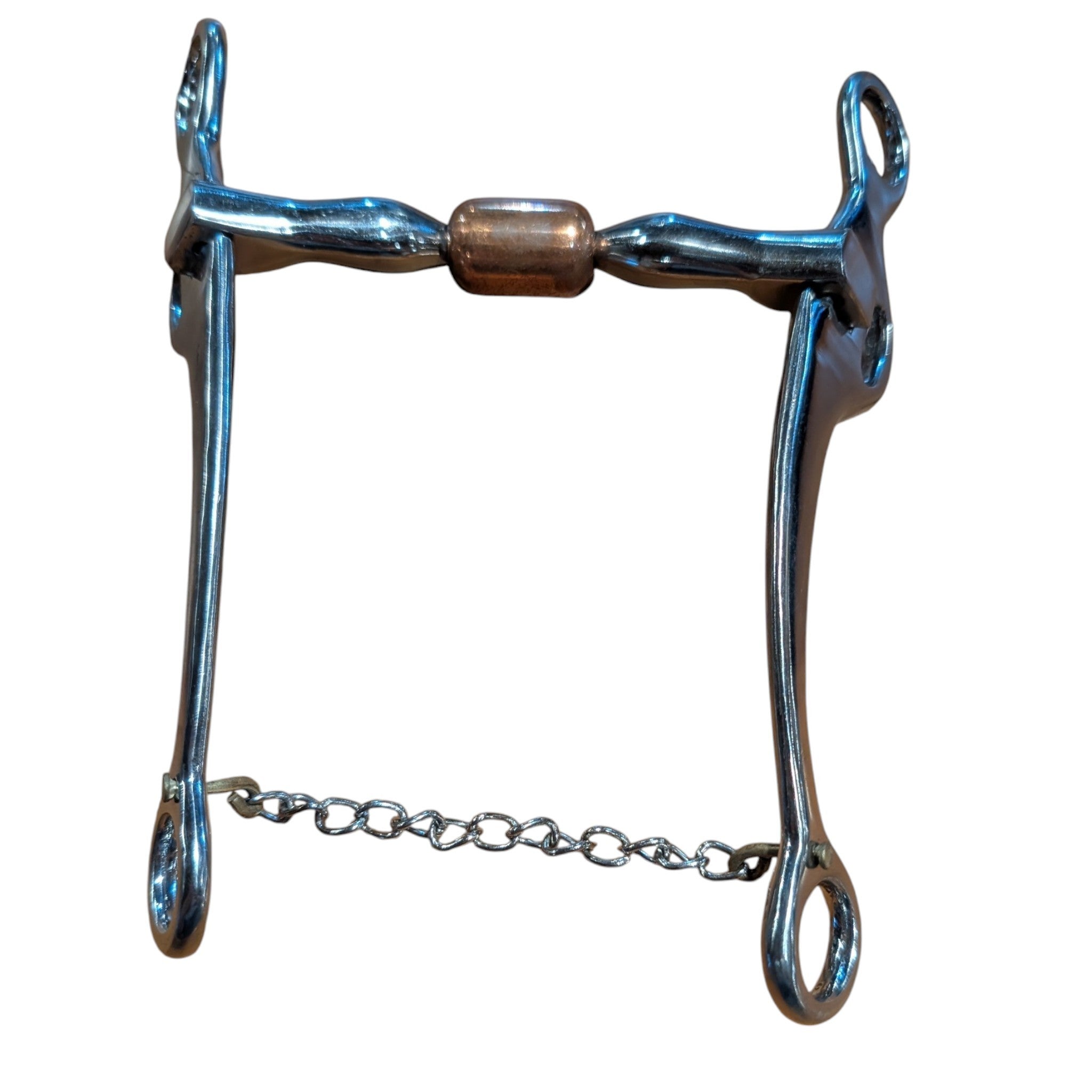 Polished metal Billy Allen-style Western reining bit featuring a copper center roller mouthpiece, curved shanks, and an attached lower curb chain