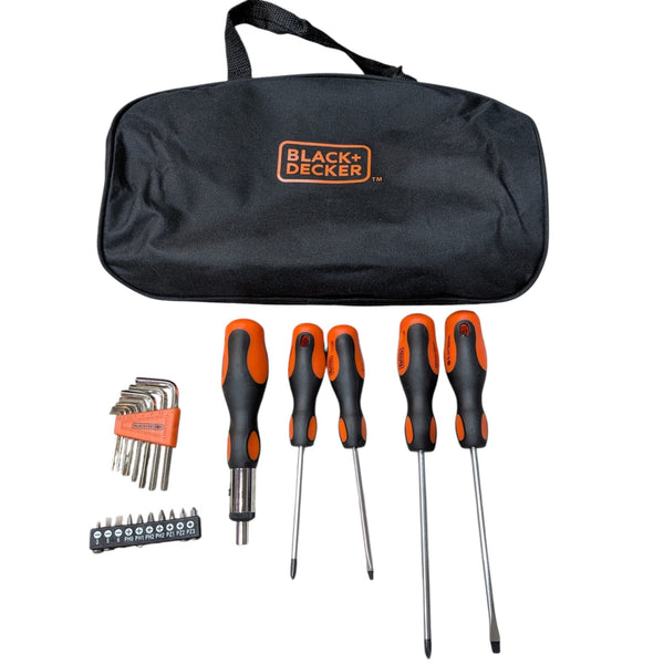 Beyond by BLACK+DECKER 23-piece screwdriver set with black storage bag, screwdrivers, hex keys, and bits