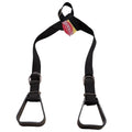 Black Showman Heavy Duty Nylon Buddy Stirrups for youth riders, featuring a thick black nylon strap, adjustable buckle mechanism, and two durable brown stirrups