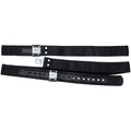 Two black belts with metal buckles on a white background