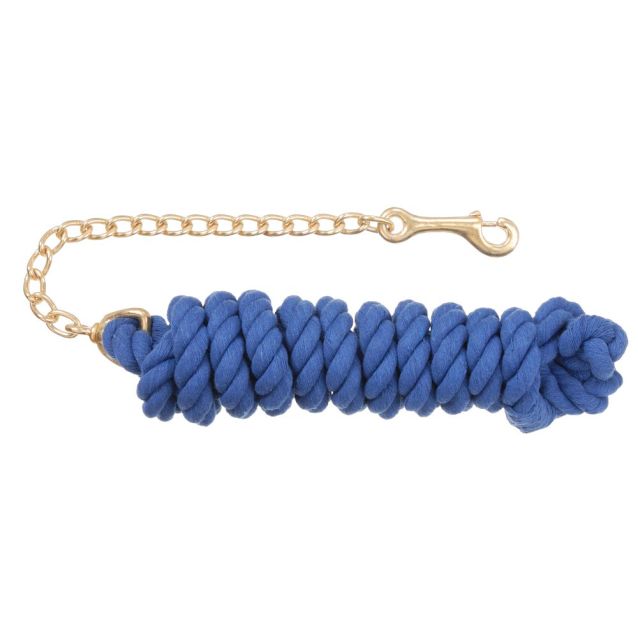 A braided blue cotton lead with a chain. 