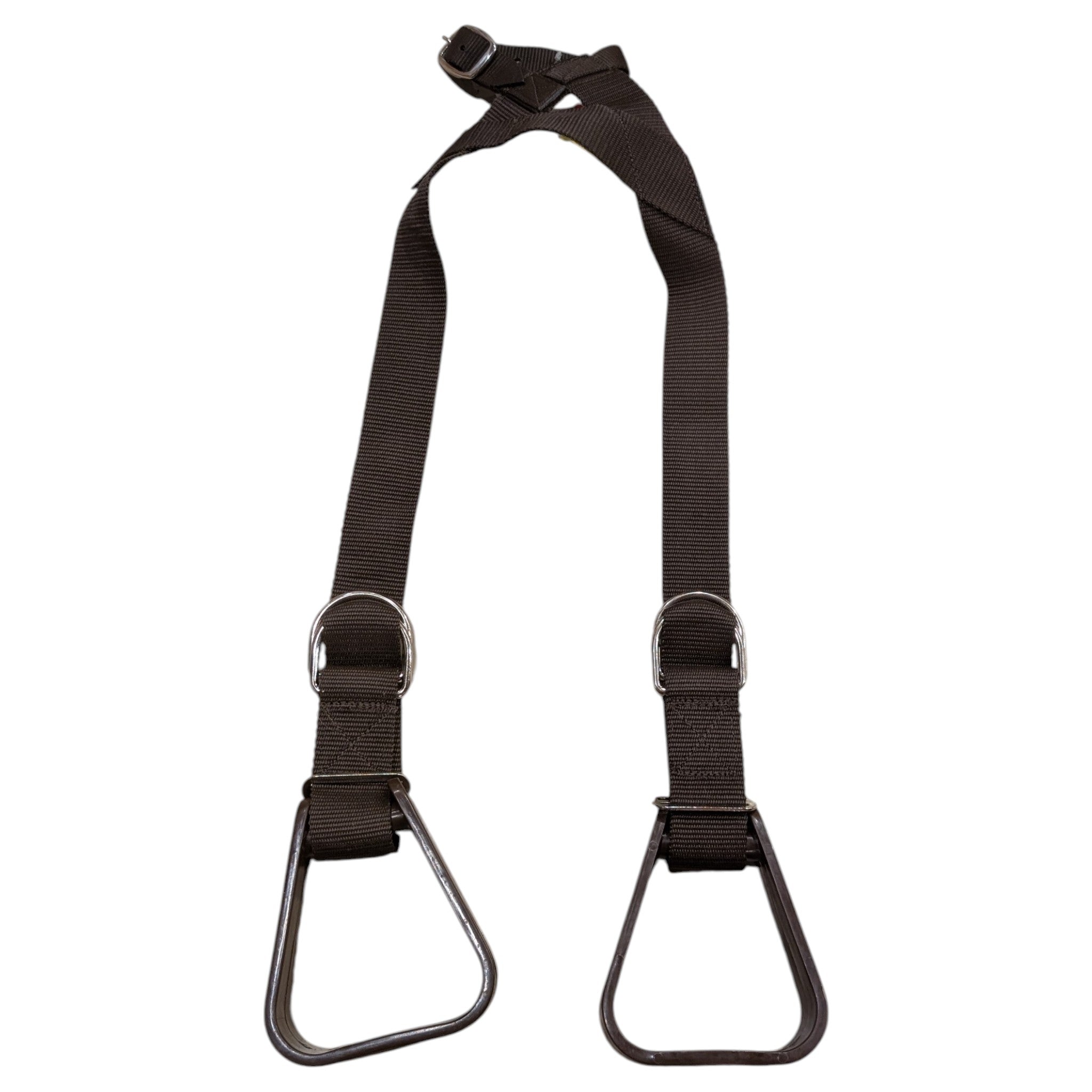 Brown Showman Heavy Duty Nylon Buddy Stirrups for youth riders, featuring a thick brown nylon strap, adjustable buckle mechanism, and two durable brown stirrups