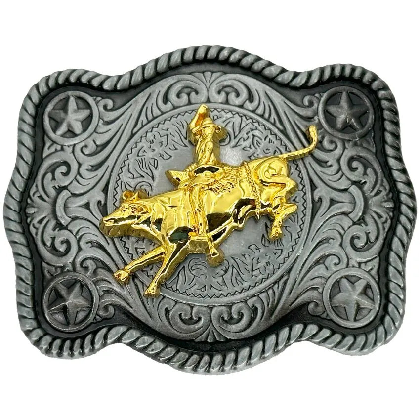 Two-tone Western belt buckle featuring a raised gold bull rider centered on an antique silver engraved background with a rope border and star accents.