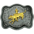 Two-tone Western belt buckle featuring a raised gold bull rider centered on an antique silver engraved background with a rope border and star accents.