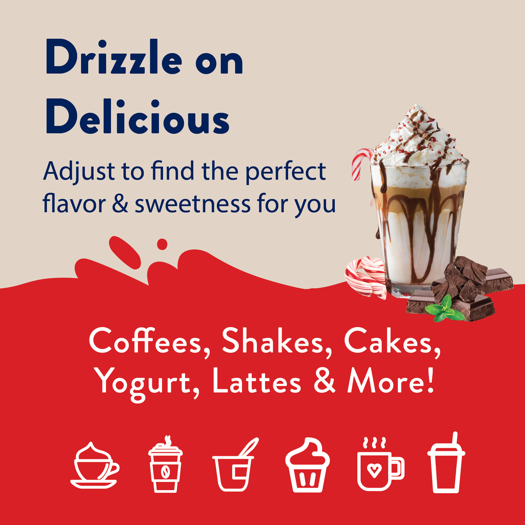 Promotional graphic for a sweetener product with a coffee drink and text on a red and beige background.