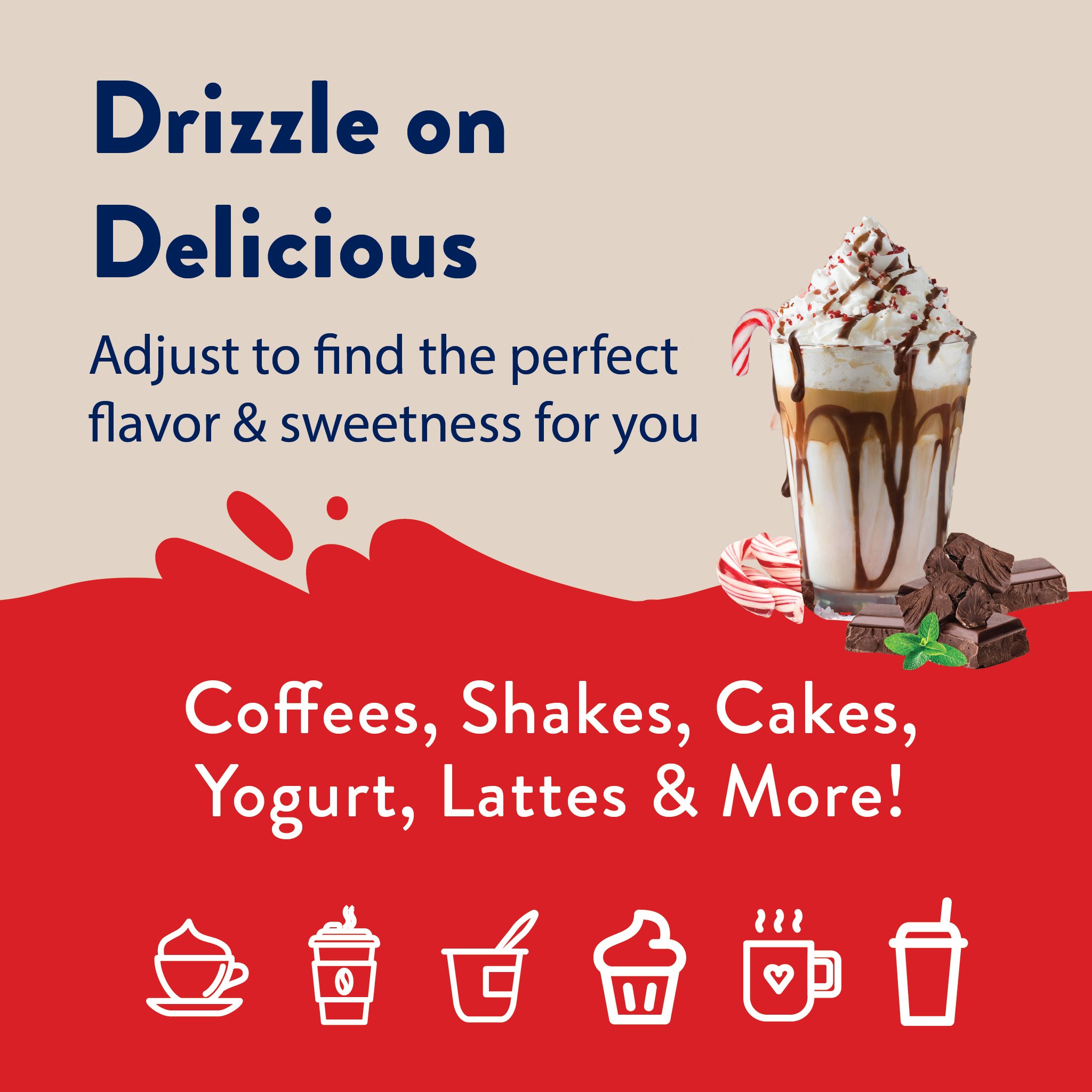 Promotional graphic for a sweetener product with a coffee drink and text on a red and beige background.