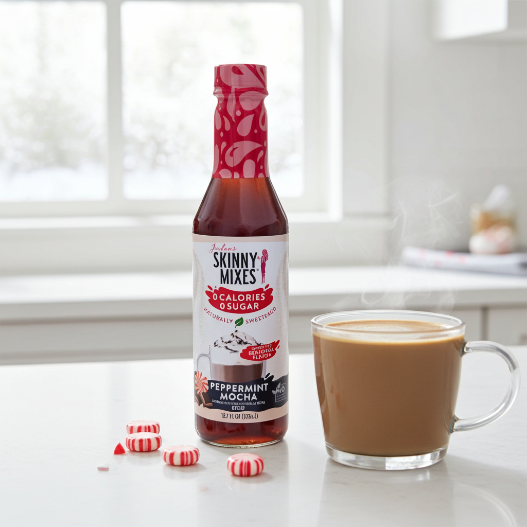 Jordan's Skinny Mix Naturally Sweetened Peppermint Mocha Syrup bottle next to a hot cup of coffee.