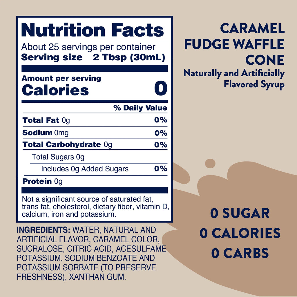 Nutrition facts label for Jordan's Skinny Mixes Sugar Free Caramel Fudge Waffle Cone Syrup.