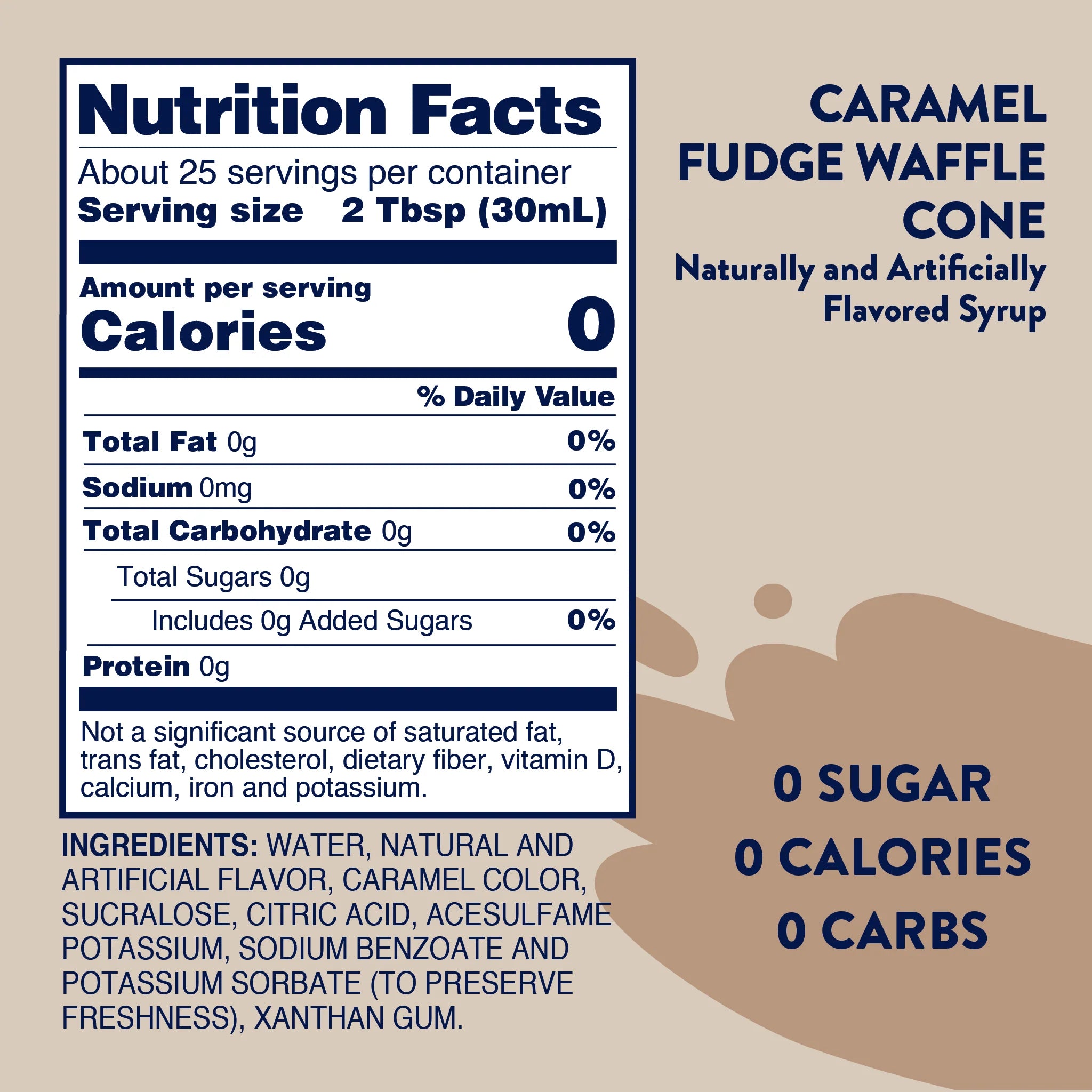 Nutrition facts label for Jordan's Skinny Mixes Sugar Free Caramel Fudge Waffle Cone Syrup.