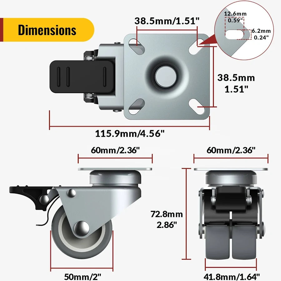 Caster wheel dimensions shown