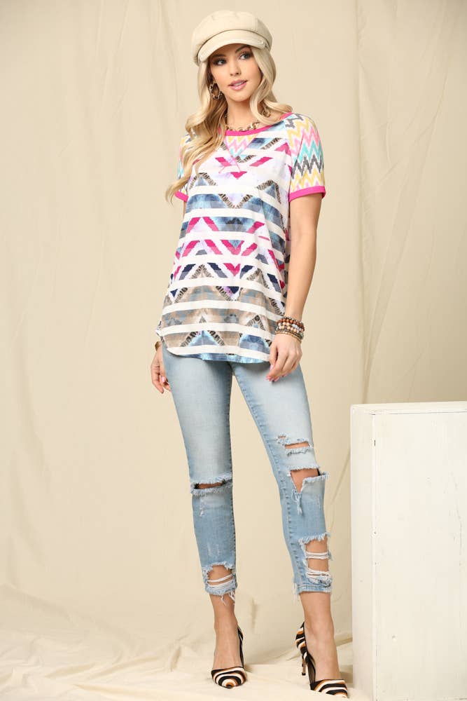 STRIPE AZTEC PRINT TOP WITH SHORT SLEEVE