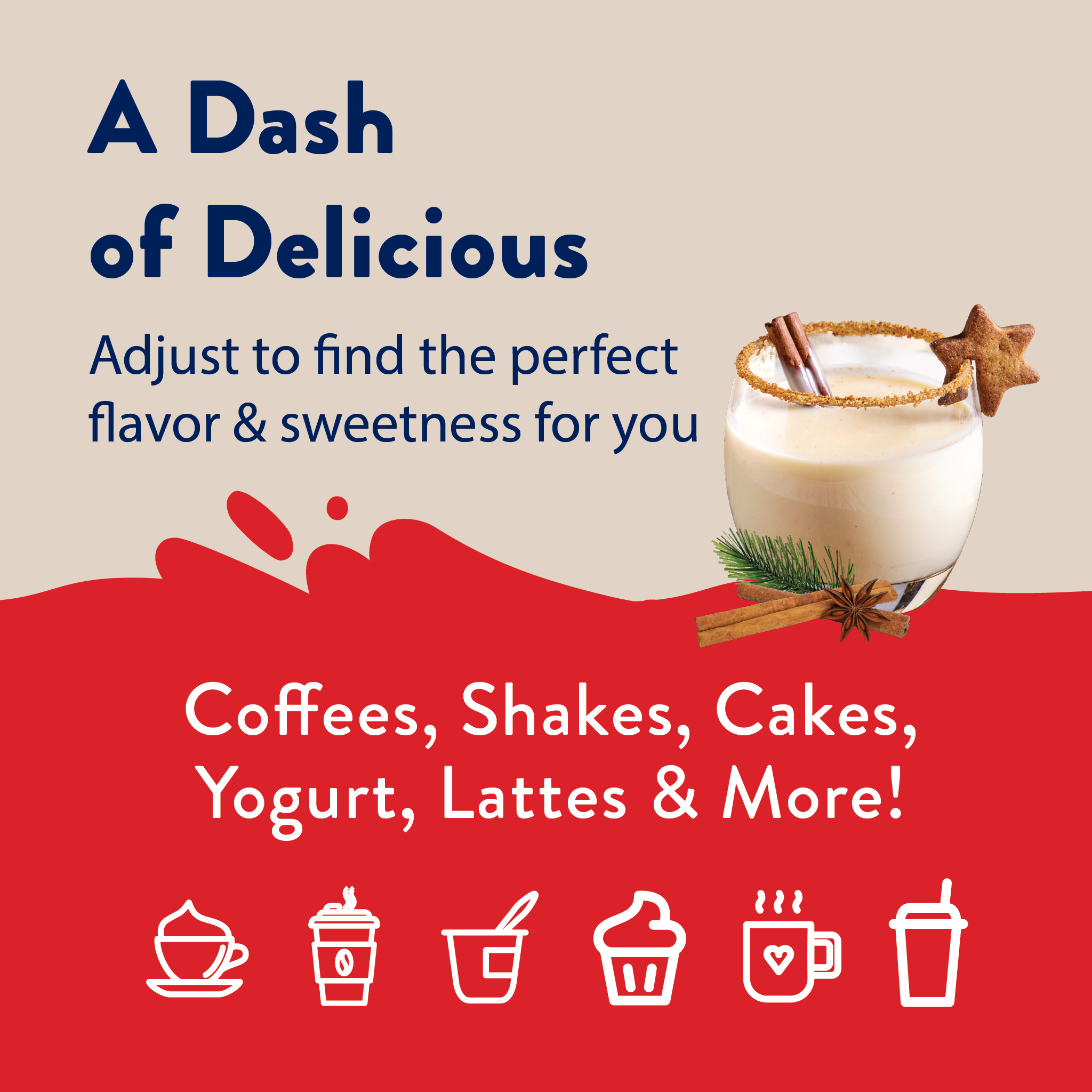 Promotional graphic for a product with a glass of eggnog, cinnamon sticks, and a star anise on a beige and red background.