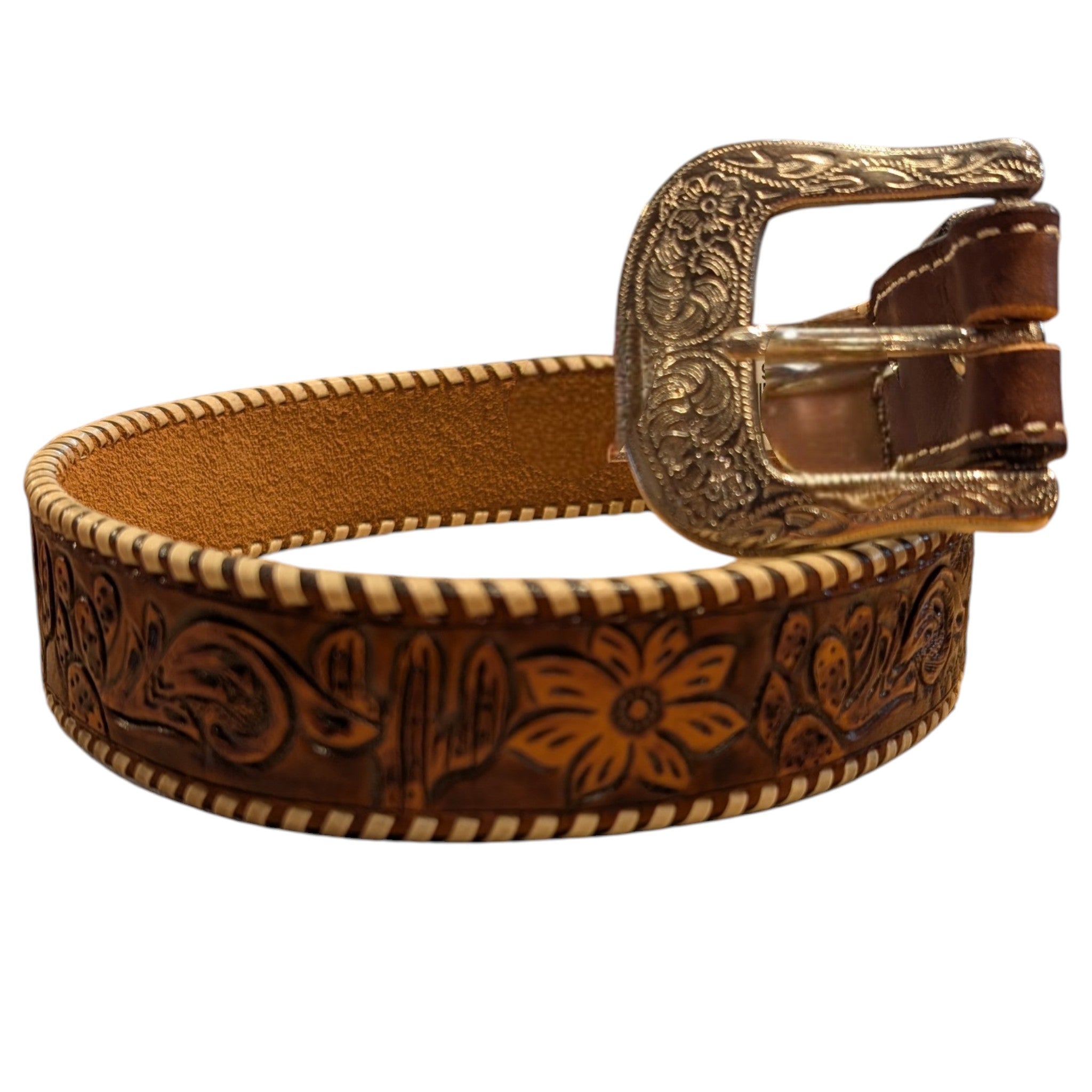 Circle Y Women's Desert Edge Tooled Leather Belt showing the vintage finish, cactus floral tooling, and white laced rawhide edges.