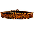A Circle Y Brown Leather western belt featuring detailed floral hand-tooling and white diamond buckstitch pattern along both edges.