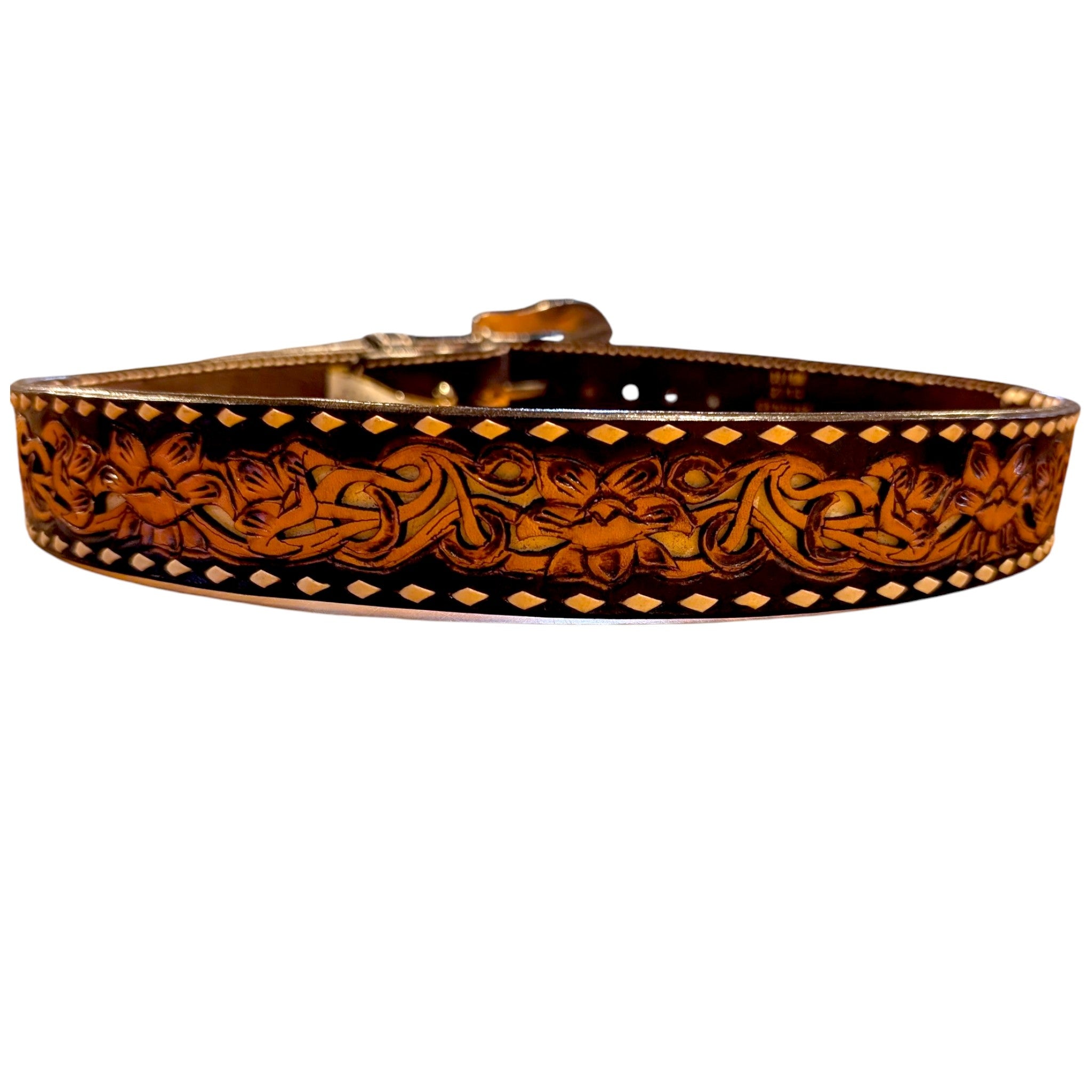 A Circle Y Brown Leather western belt featuring detailed floral hand-tooling and white diamond buckstitch pattern along both edges.