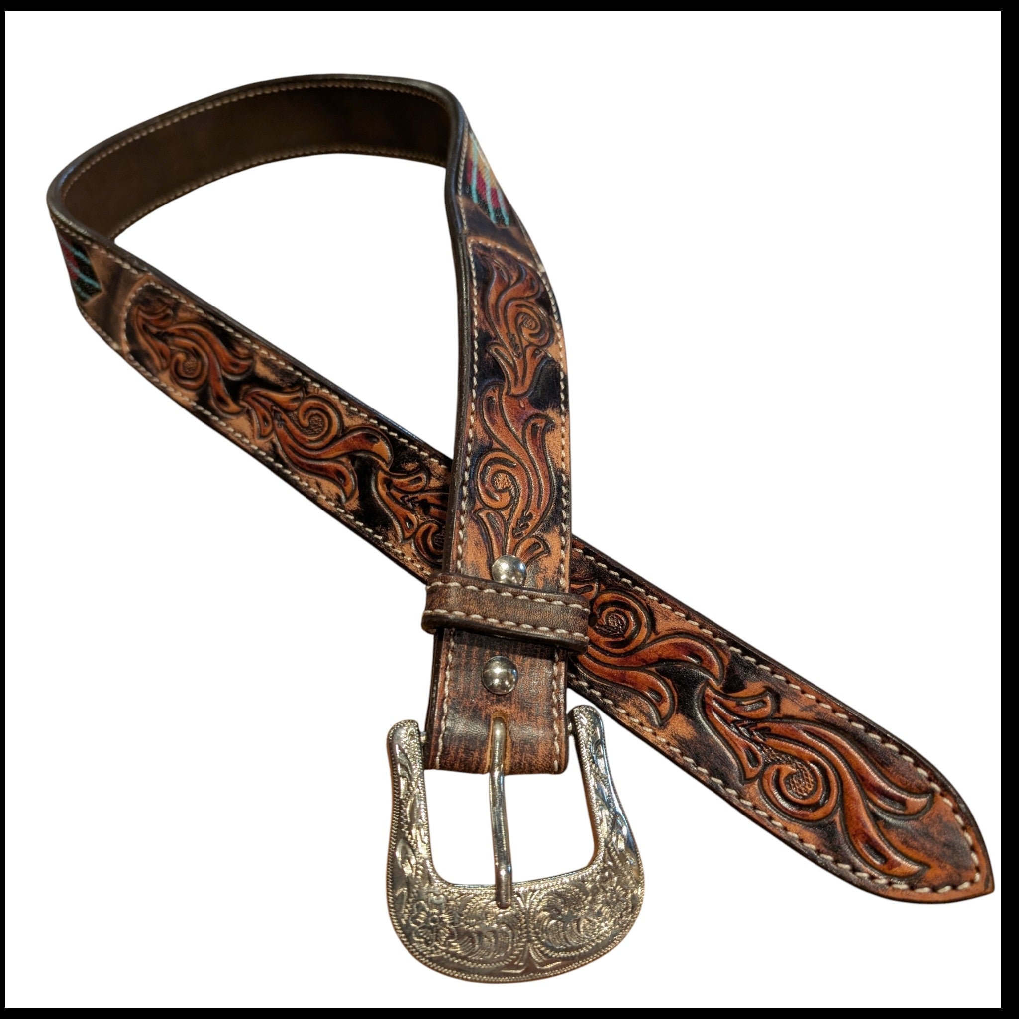 Circle Y style 2009-BT Southwestern inlay beaded leather belt featuring rustic earth-tone beadwork, vintage scroll tooling, and a silver-etched removable buckle.