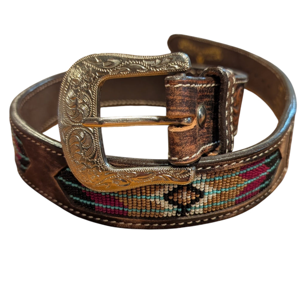 Circle Y style 2009-BT Southwestern inlay beaded leather belt featuring rustic earth-tone beadwork, vintage scroll tooling, and a silver-etched removable buckle.