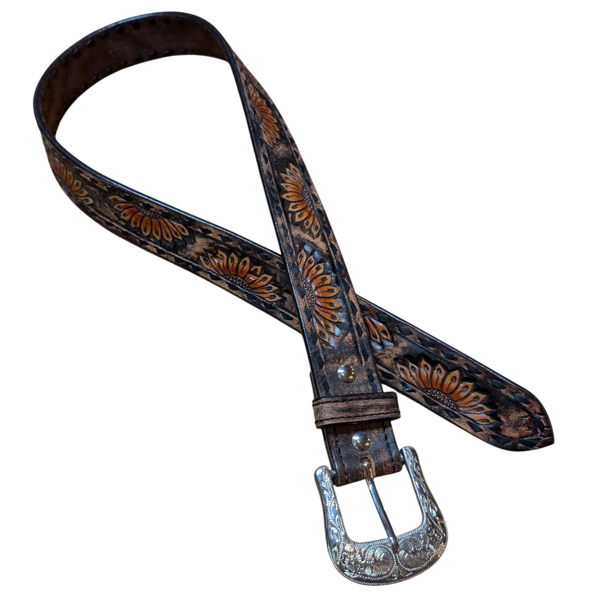 A Circle Y Leather Belt with hand painted sunflower tooling and black buckstitch. 