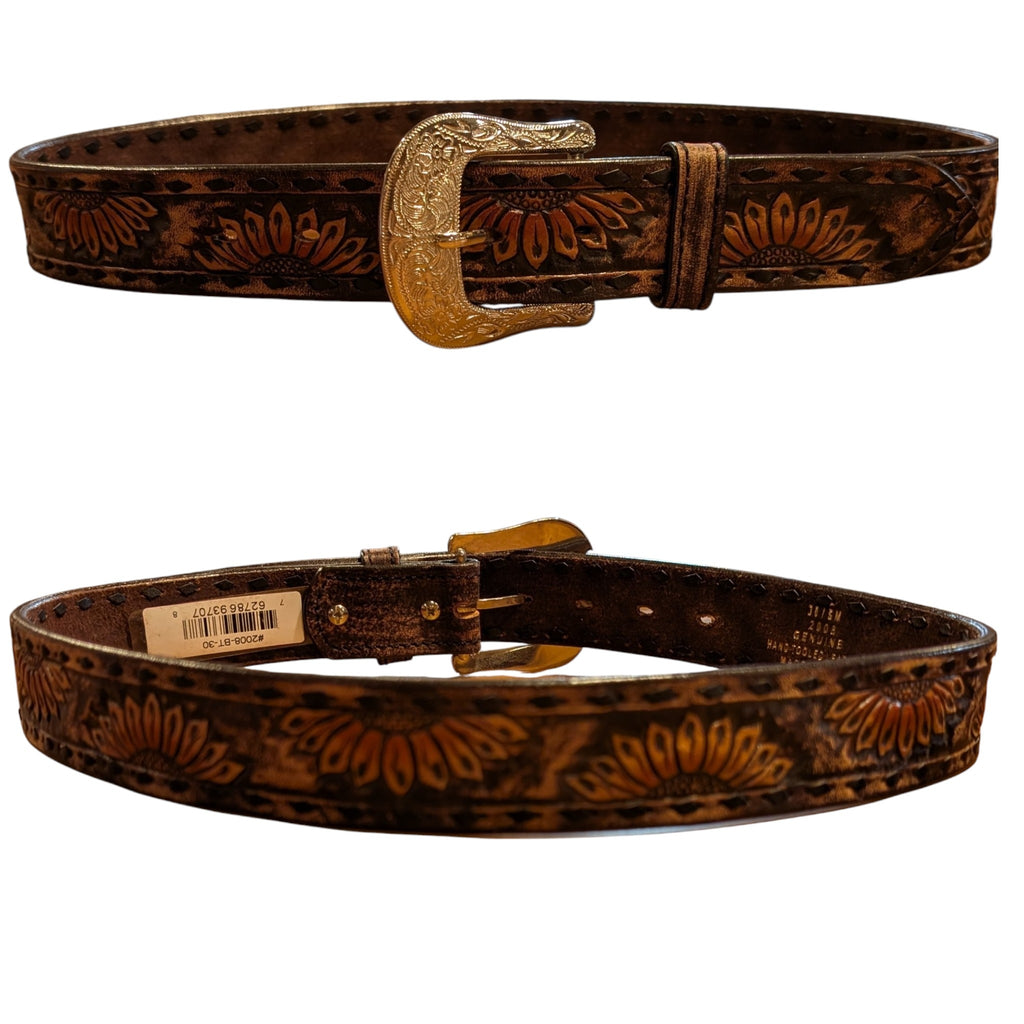 Circle Y Vintage Sunflower leather belt with front and back view .