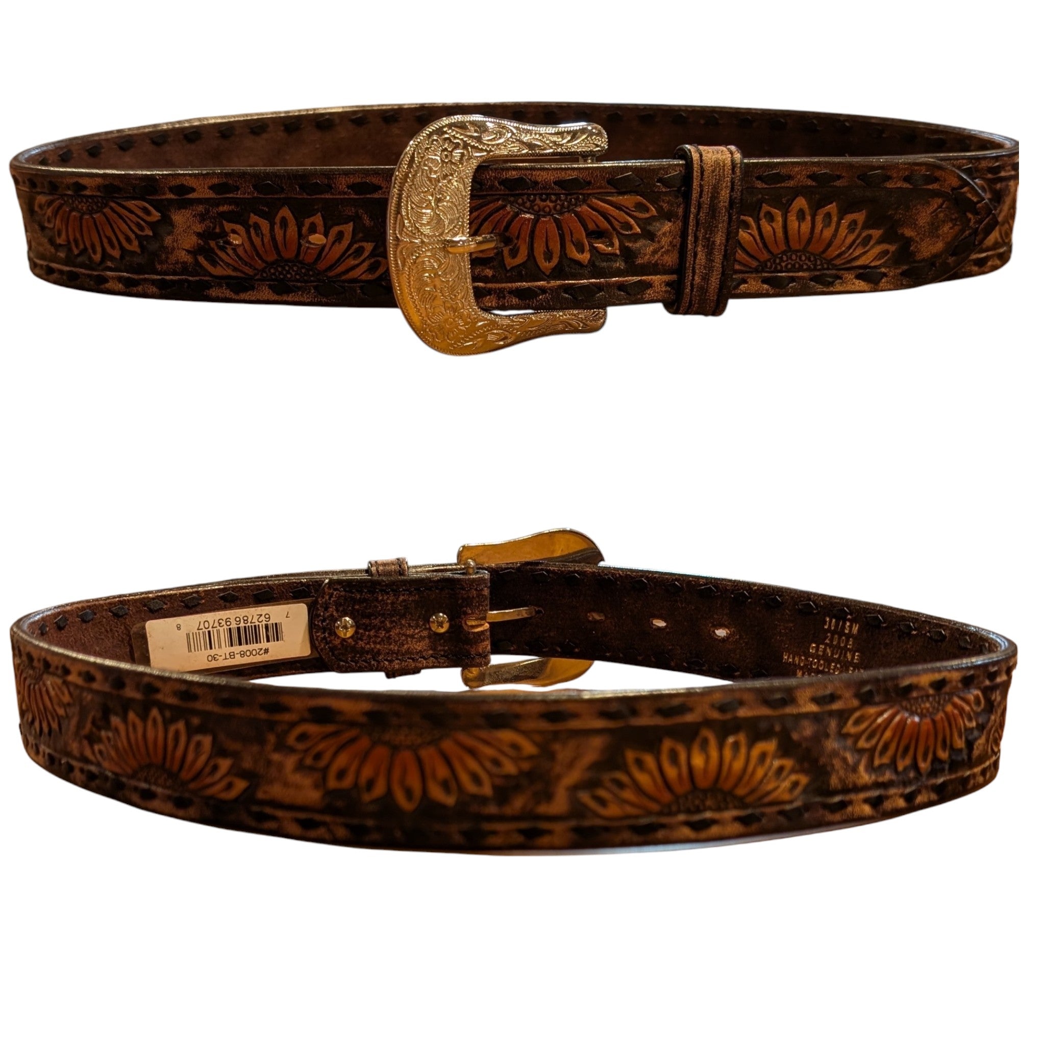 Circle Y Vintage Sunflower leather belt with front and back view .