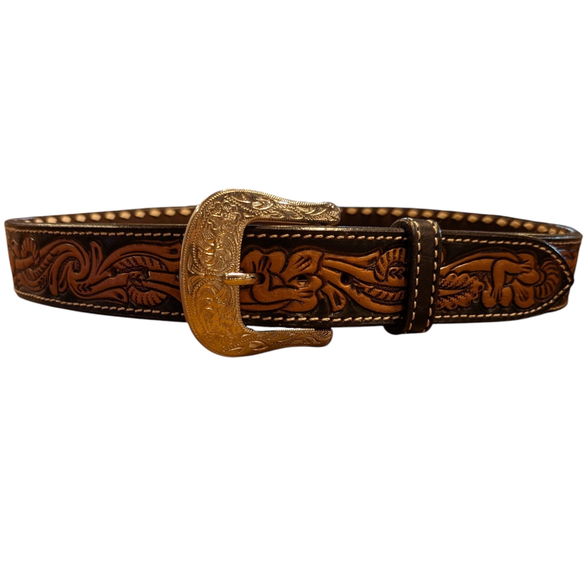 A Circle Y Buckstitch leather belt with detailed tooling.