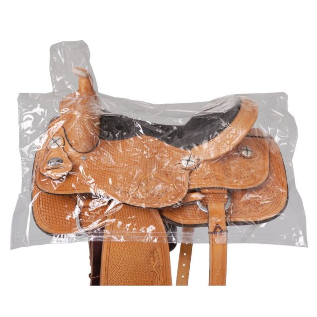 A brown western saddle with a clear western saddle cover over it. 