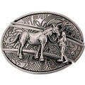 Silver belt buckle with horse and rider design on a white background