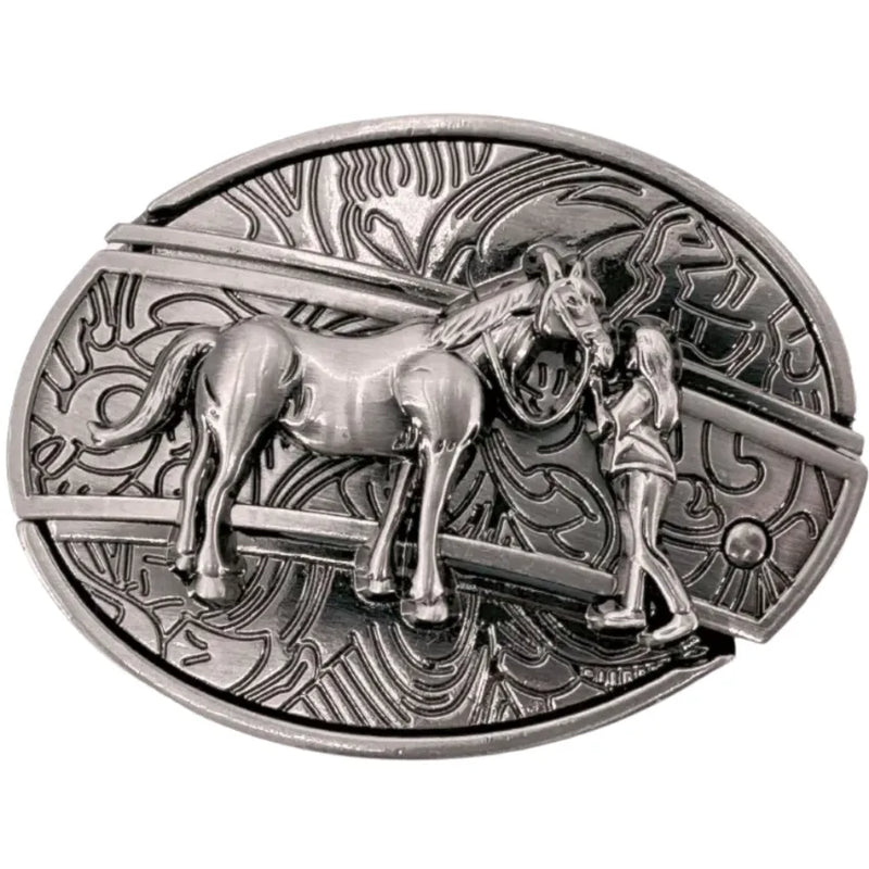 Silver belt buckle with horse and female handler