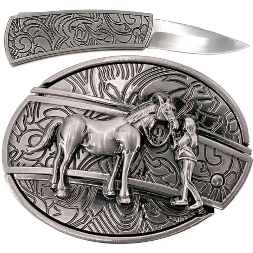 Silver belt buckle with horse and rider design on a white background with folding knife above it