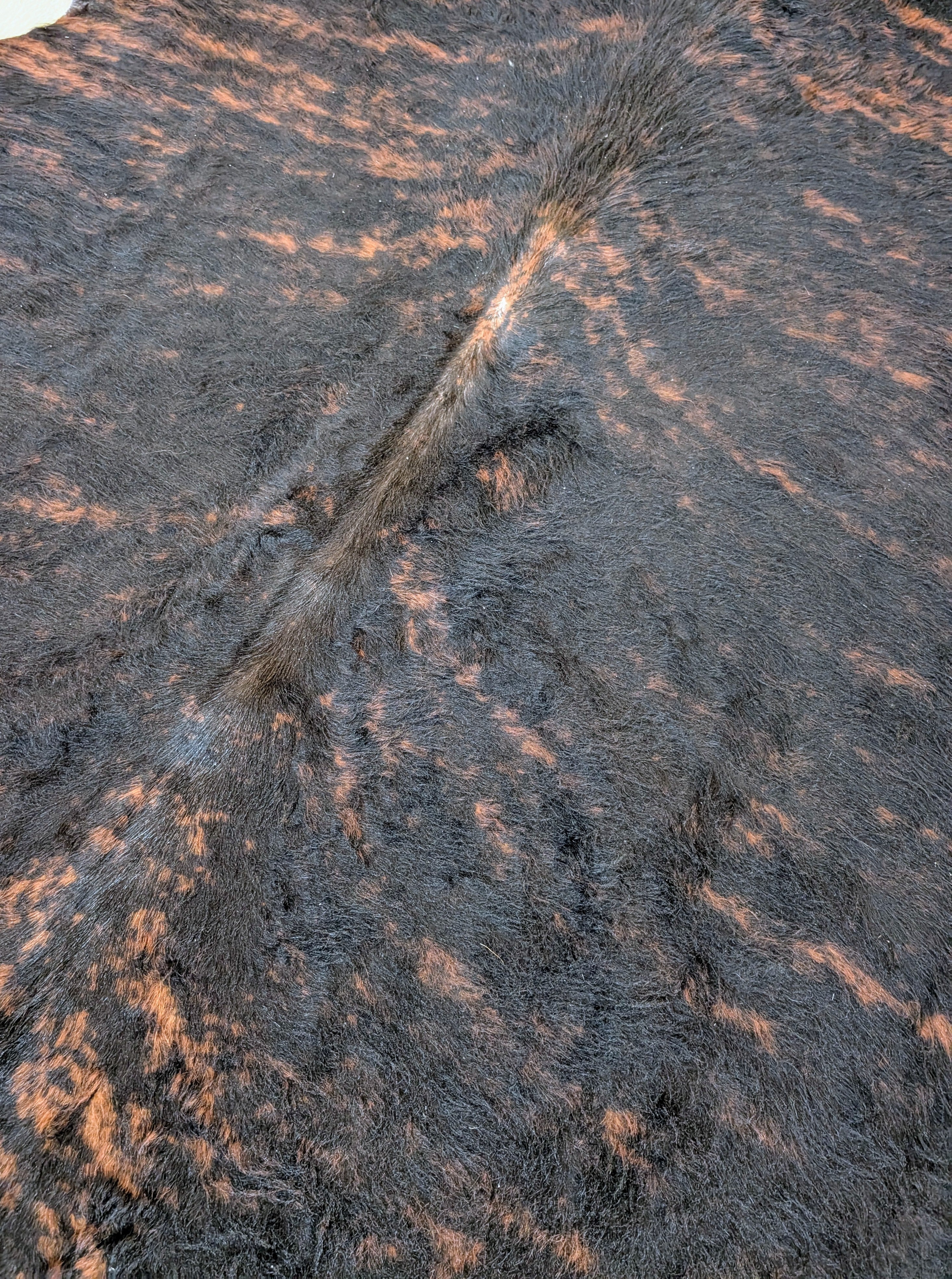 Close view of Bungle a brindle colored cowhide with a slight wave in the grain.