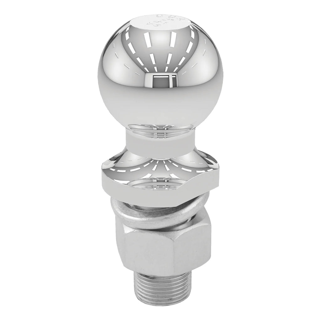 Chrome Curt 2-inch trailer hitch ball with lock washer and mounting nut.
